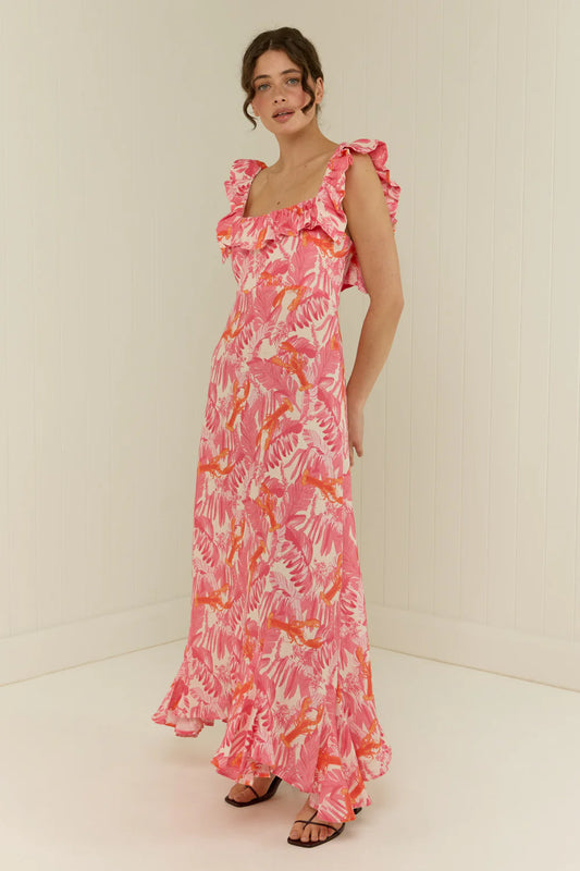 midi pink lobster print dress with wide ruffle straps model shot