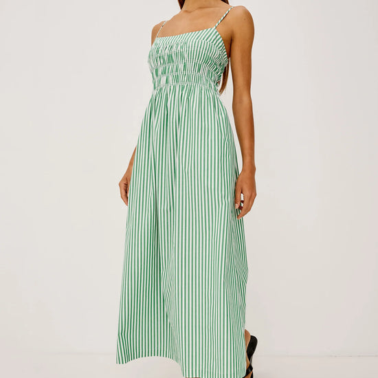 Women wearing green and white stripe dress from rails