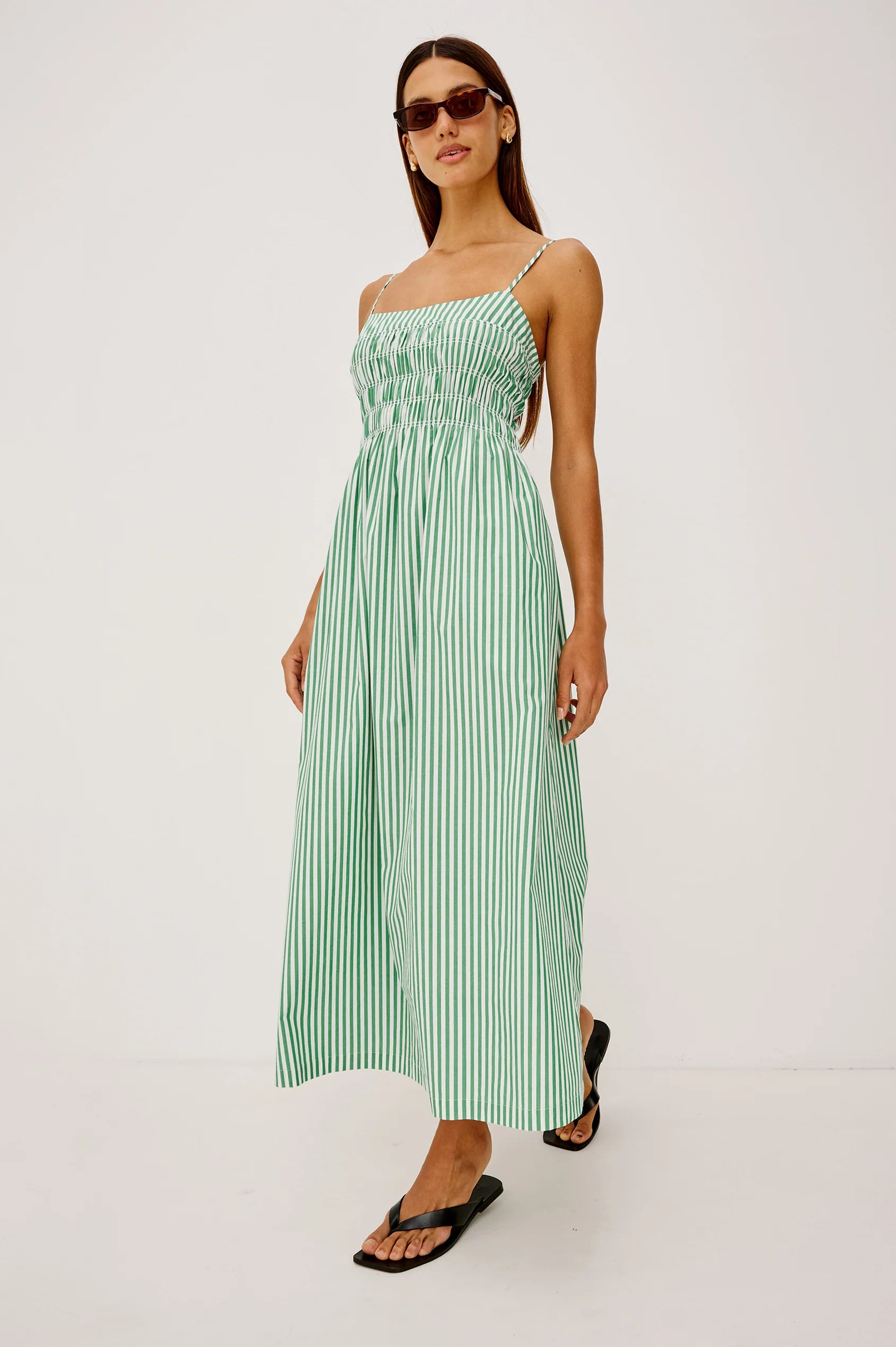 Women wearing green and white stripe dress from rails