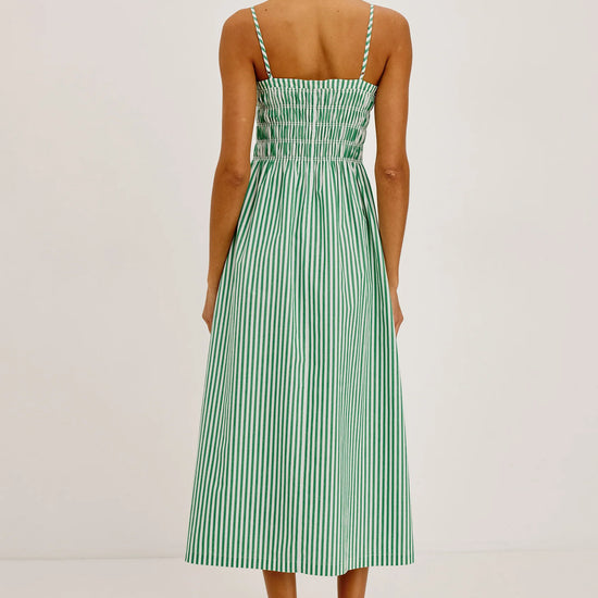 Rear view of white and green stripe dress from rails
