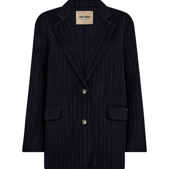 navy wool pinstripe blazer with single breasted, 2 buttons and 2 flap pockets