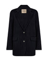navy wool pinstripe blazer with single breasted, 2 buttons and 2 flap pockets