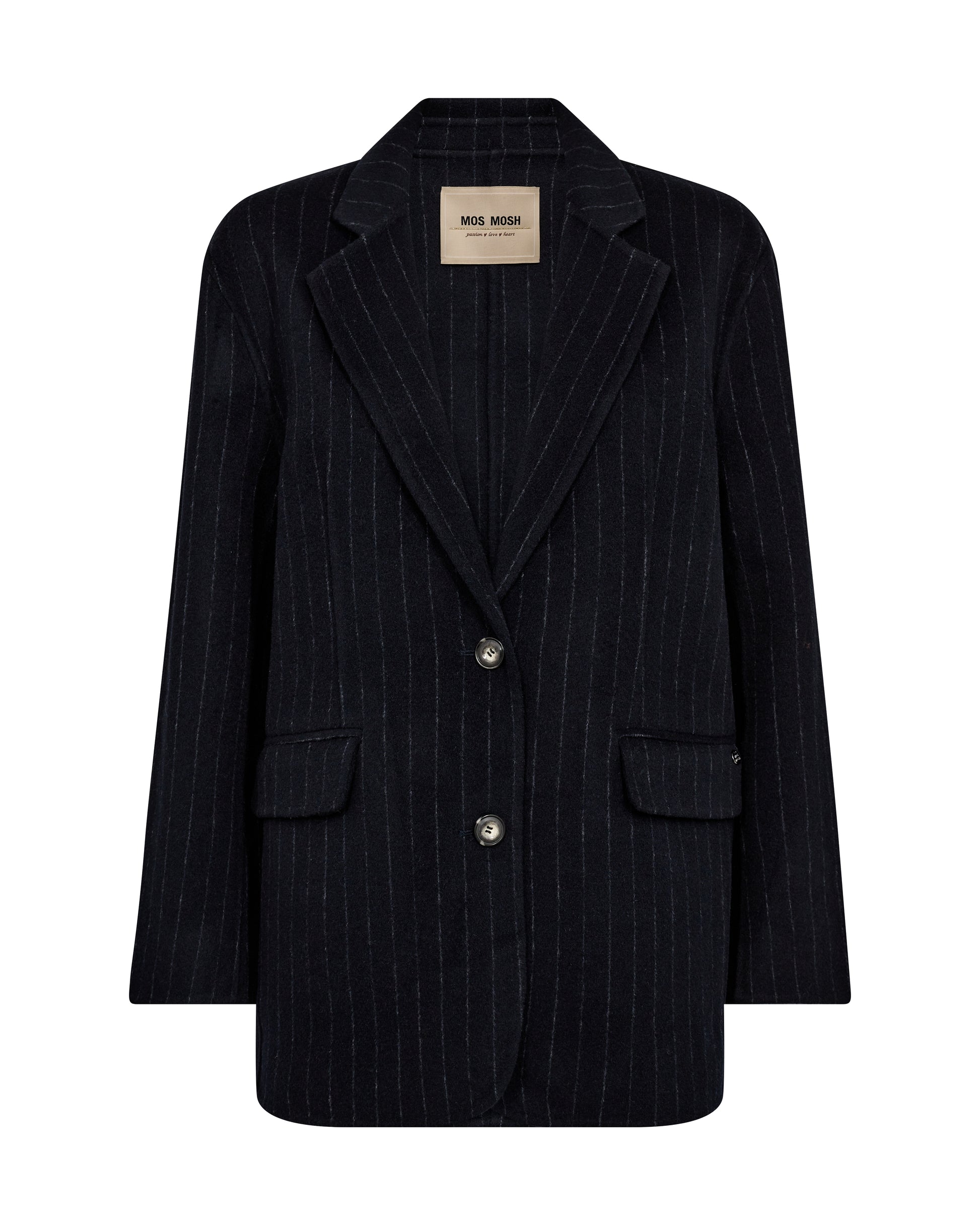 navy wool pinstripe blazer with single breasted, 2 buttons and 2 flap pockets