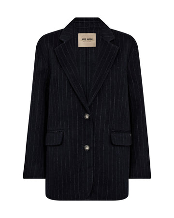 navy wool pinstripe blazer with single breasted, 2 buttons and 2 flap pockets