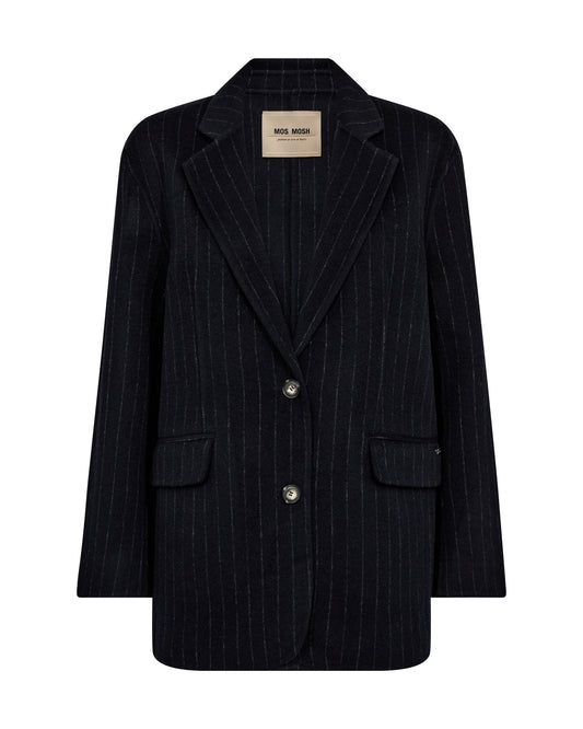 navy wool pinstripe blazer with single breasted, 2 buttons and 2 flap pockets