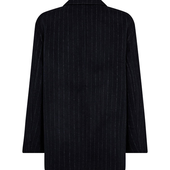 navy wool pinstripe blazer with single breasted, 2 buttons and 2 flap pockets rear view 