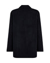navy wool pinstripe blazer with single breasted, 2 buttons and 2 flap pockets rear view 