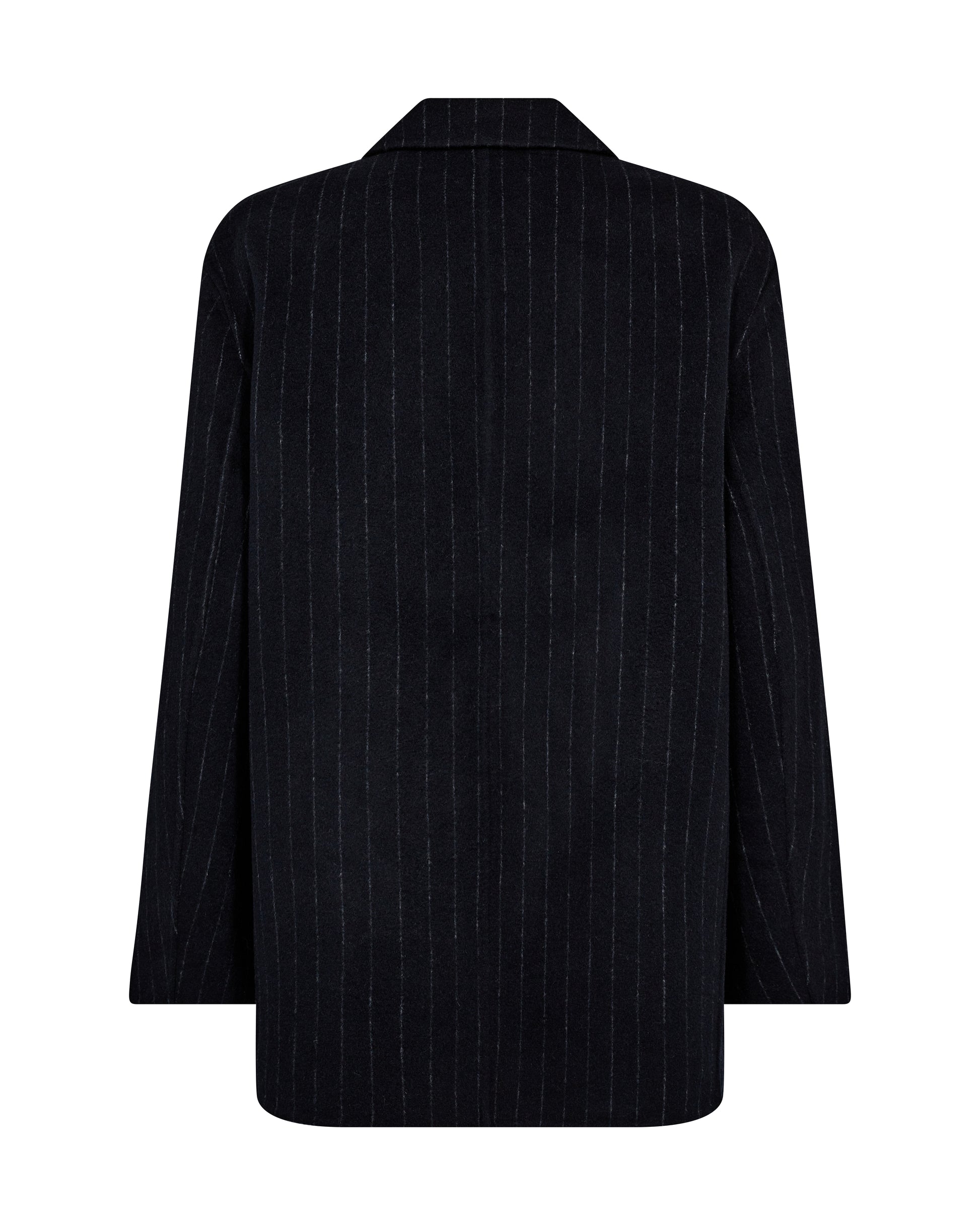 navy wool pinstripe blazer with single breasted, 2 buttons and 2 flap pockets rear view 