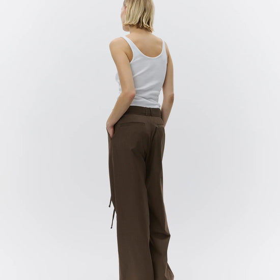 wide leg brown suit trousers with self tie at the waist from day birger  rear view