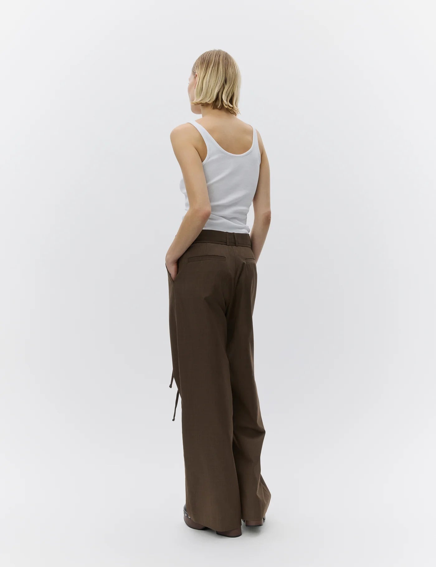 wide leg brown suit trousers with self tie at the waist from day birger  rear view
