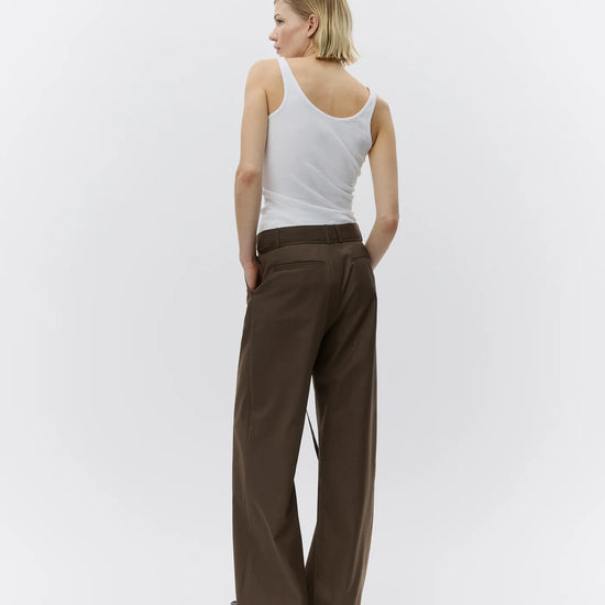 wide leg brown suit trousers with self tie at the waist from day birger rear view