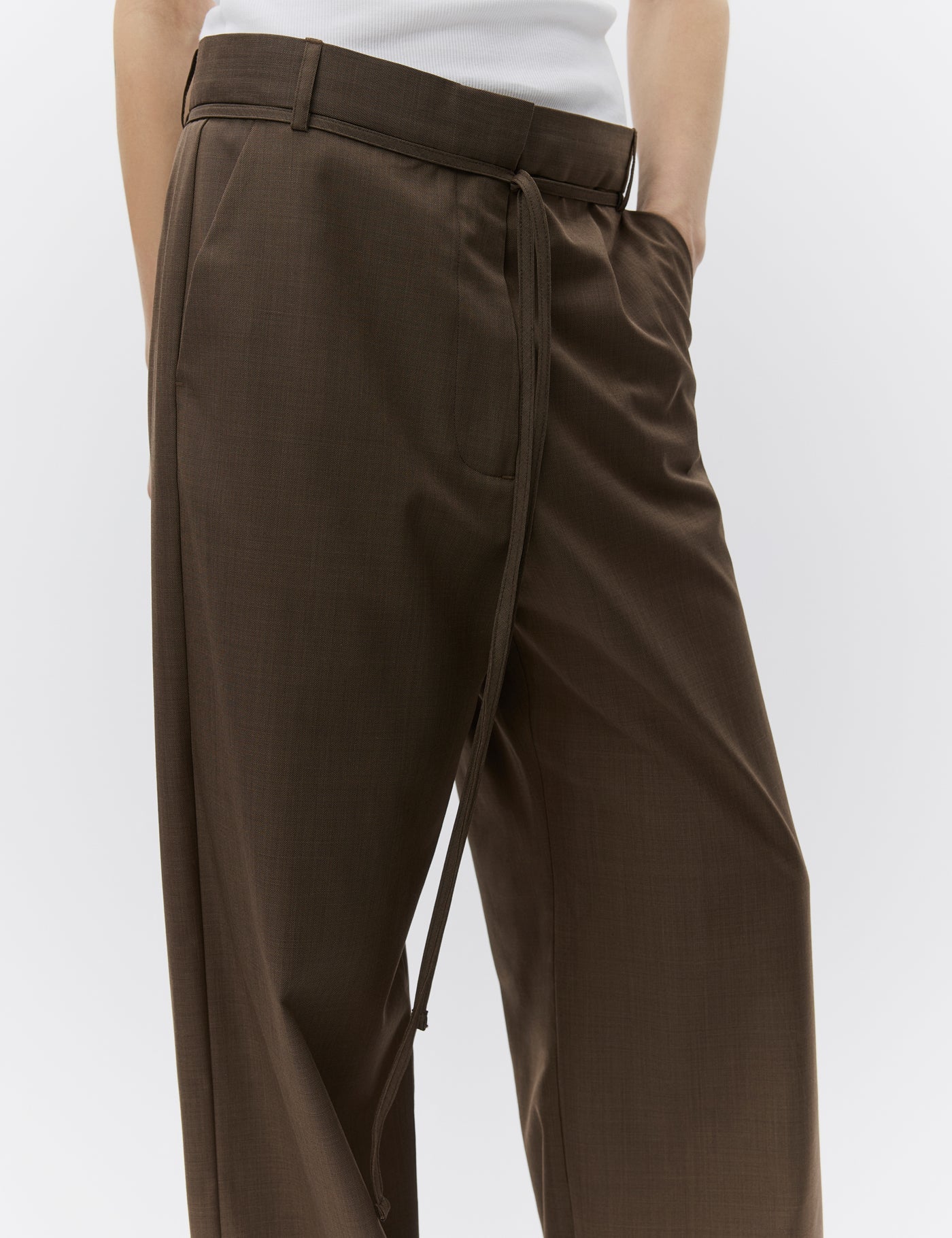 wide leg brown suit trousers with self tie at the waist from day birger close up