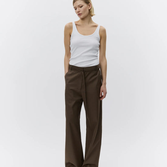 wide leg brown suit trousers with self tie at the waist from day birger  model shot