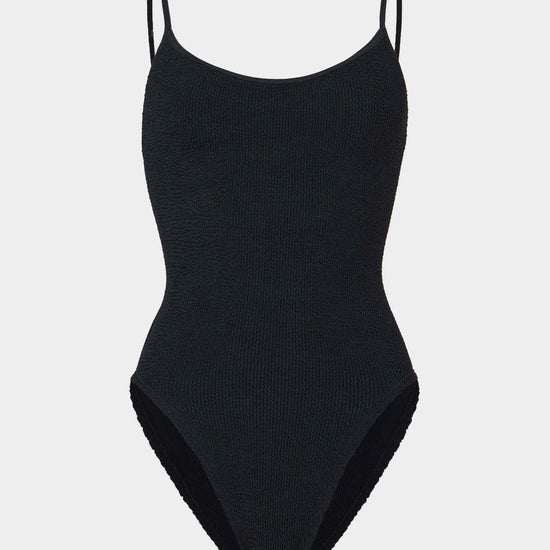 black thin strap scoop neck crinkle swimsuit from hunza g