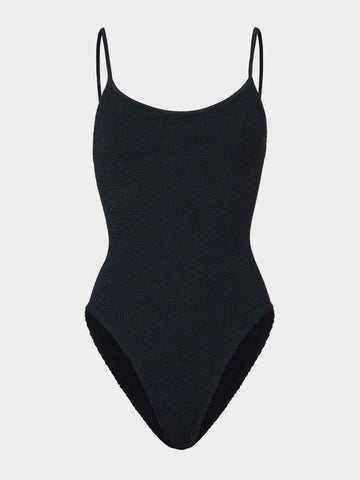 black thin strap scoop neck crinkle swimsuit from hunza g