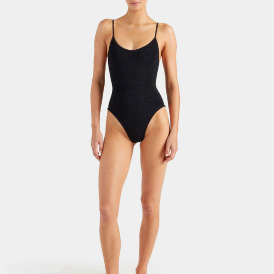 black thin strap scoop neck crinkle swimsuit from hunza g model shot