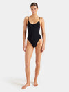 black thin strap scoop neck crinkle swimsuit from hunza g model shot