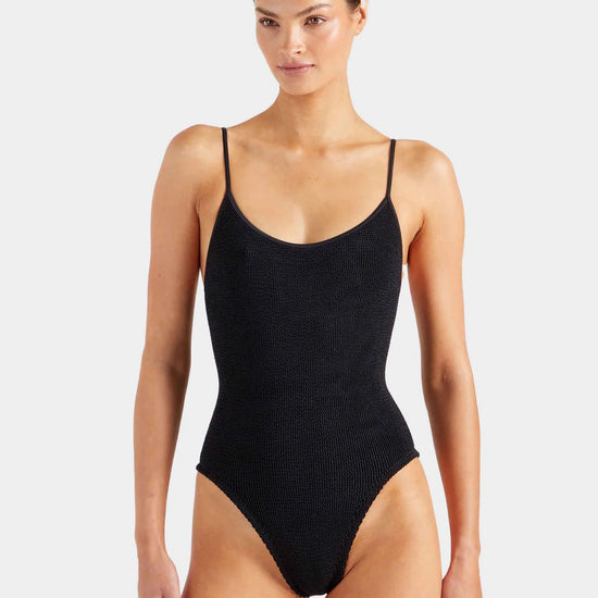 black thin strap scoop neck crinkle swimsuit from hunza g model shot