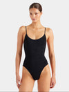 black thin strap scoop neck crinkle swimsuit from hunza g model shot