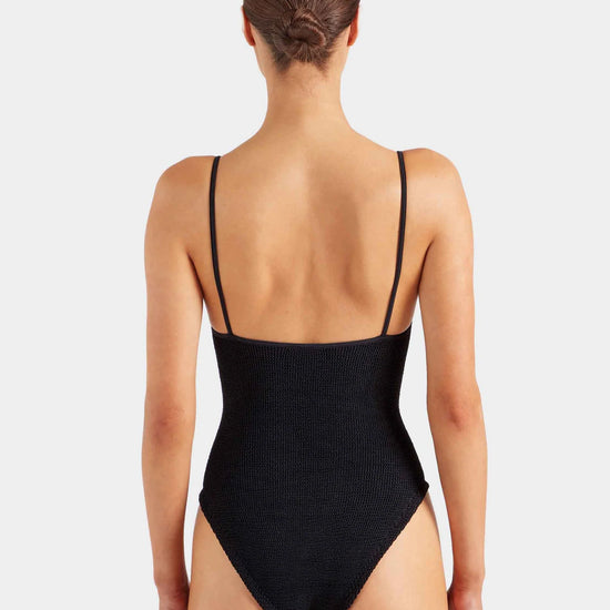 black thin strap scoop neck crinkle swimsuit from hunza g rear view