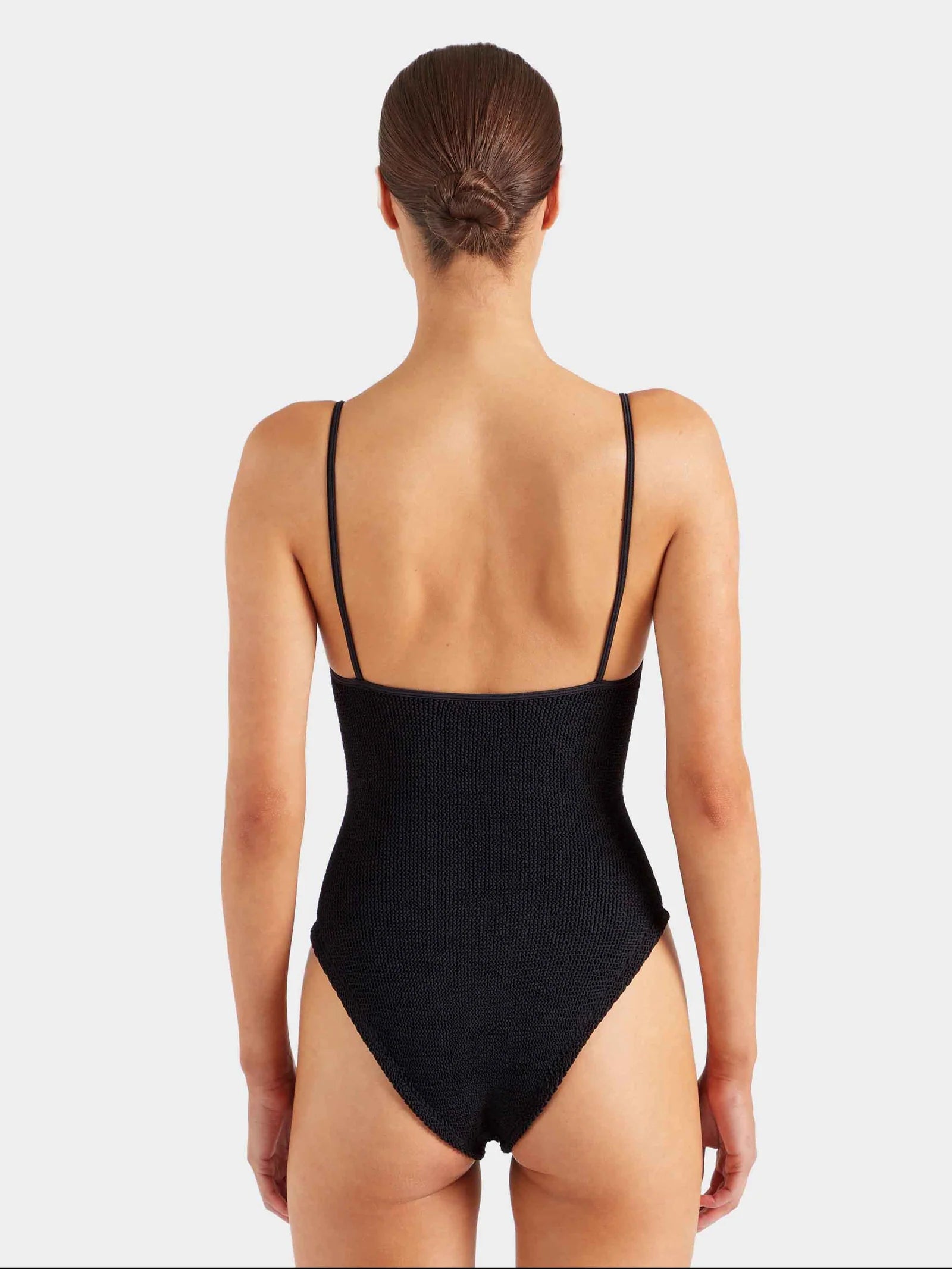 black thin strap scoop neck crinkle swimsuit from hunza g rear view