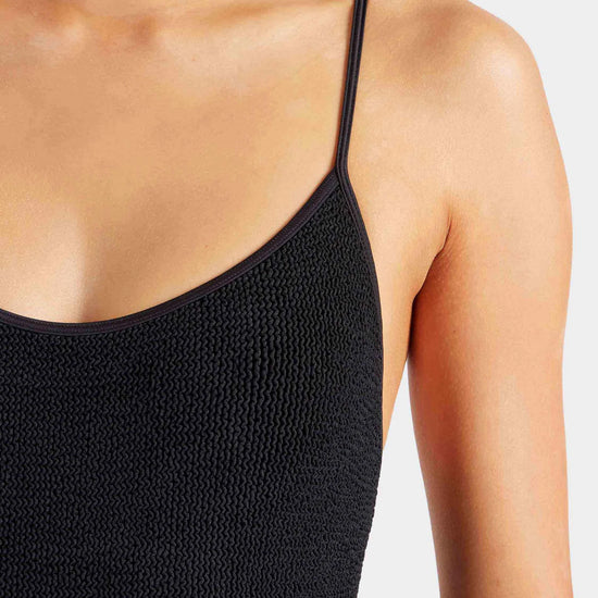 black thin strap scoop neck crinkle swimsuit from hunza g close up