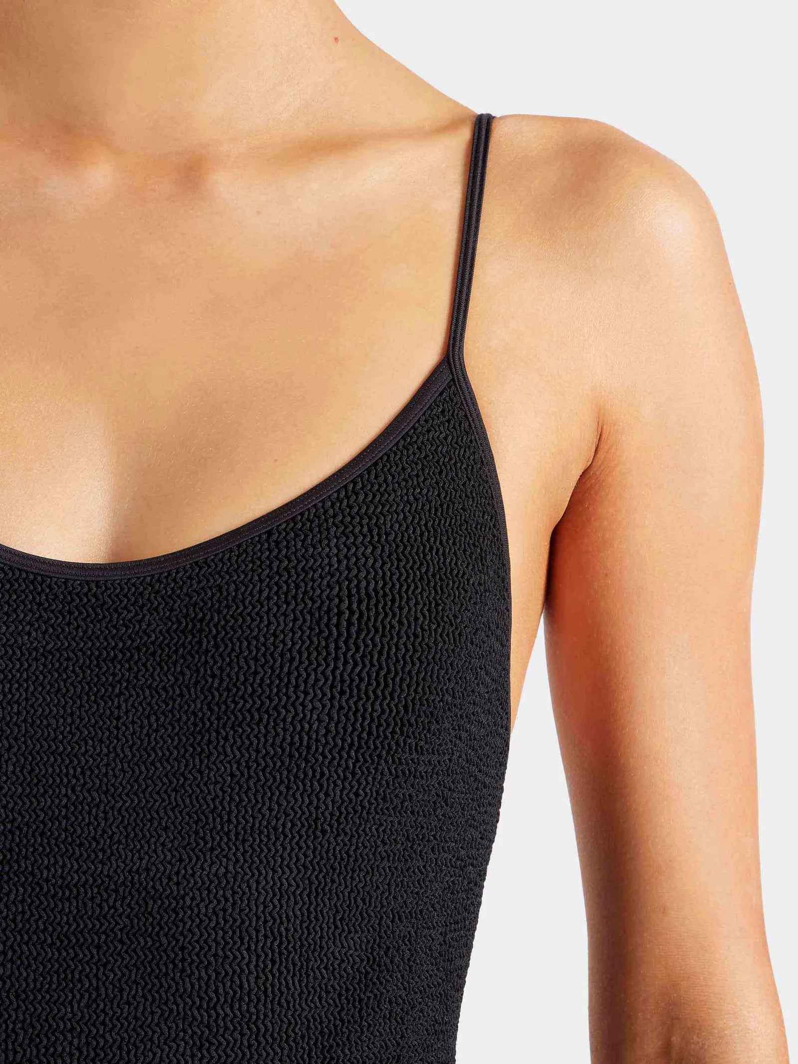 black thin strap scoop neck crinkle swimsuit from hunza g close up