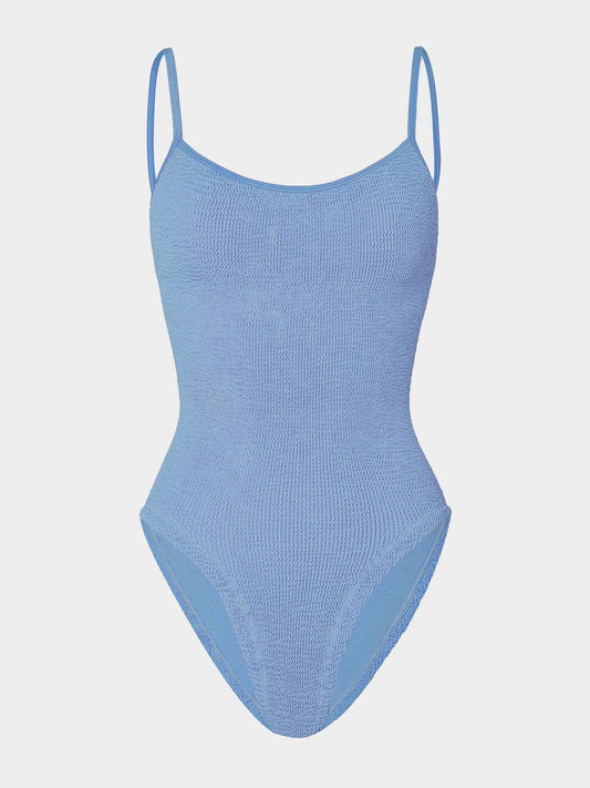 blue thin strap scoop neck crinkle swimsuit from hunza g