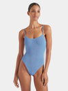blue thin strap scoop neck crinkle swimsuit from hunza g model shot