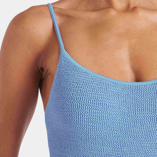 blue thin strap scoop neck crinkle swimsuit from hunza g close up
