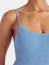 blue thin strap scoop neck crinkle swimsuit from hunza g close up