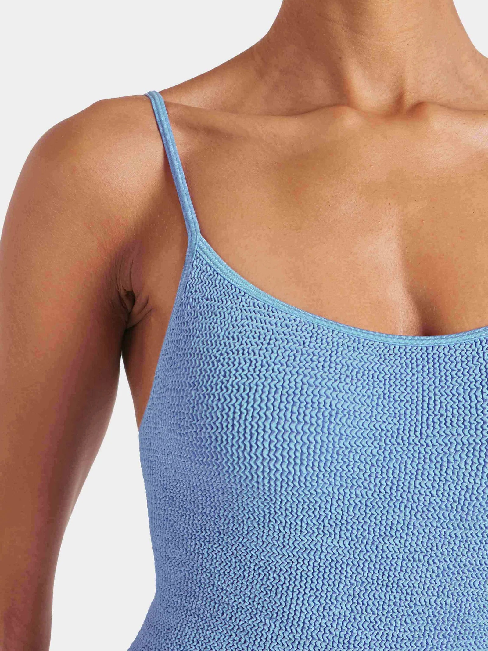 blue thin strap scoop neck crinkle swimsuit from hunza g close up