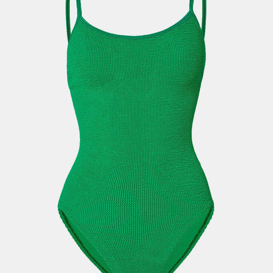 dark green thin strap scoop neck crinkle swimsuit from hunza g