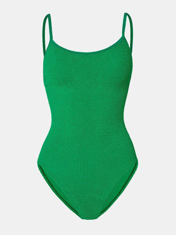 dark green thin strap scoop neck crinkle swimsuit from hunza g