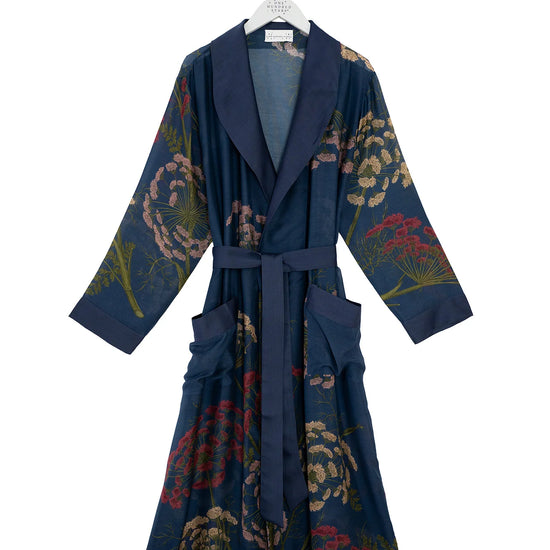 navy dressing gown with vibrant parsley seed flowers all over from one hundred stars