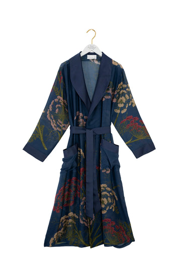 navy dressing gown with vibrant parsley seed flowers all over from one hundred stars