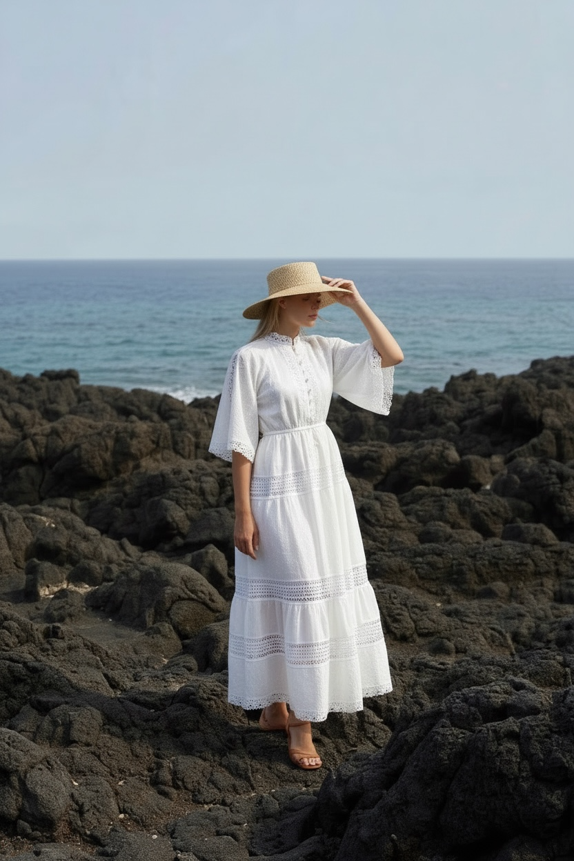 Woman in a white dress and straw hat standing on rocky terrain by the ocean.