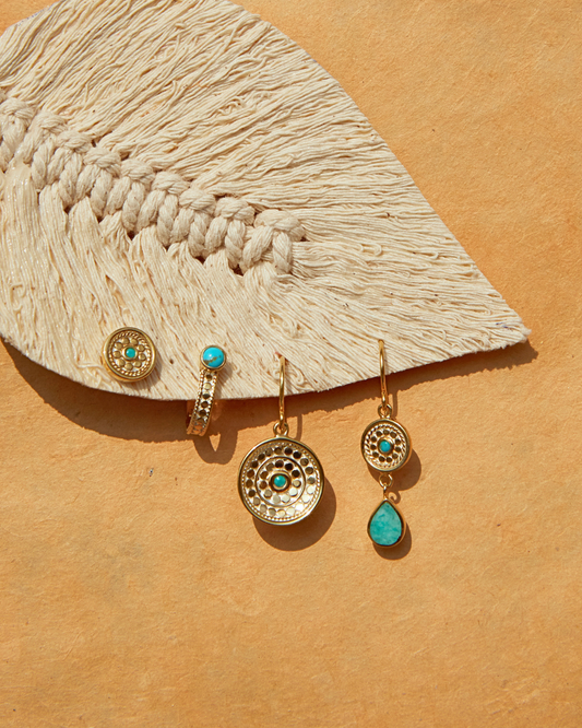 flat lay of some gold and blue earrings