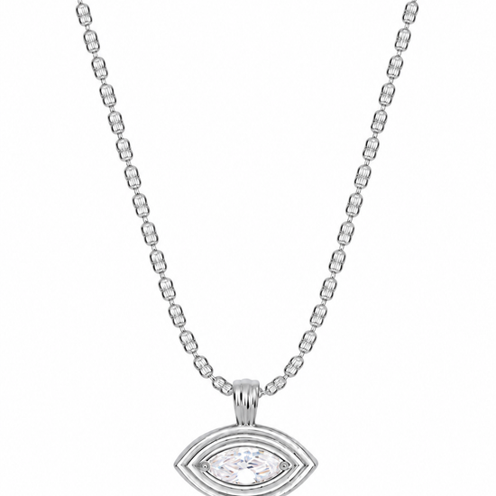 A silver-toned eye-shaped pendant necklace with a marquise-cut clear gemstone in the center, suspended from a matching beaded chain against a white background.