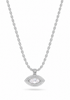 A silver-toned eye-shaped pendant necklace with a marquise-cut clear gemstone in the center, suspended from a matching beaded chain against a white background.