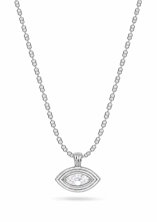 A silver-toned eye-shaped pendant necklace with a marquise-cut clear gemstone in the center, suspended from a matching beaded chain against a white background.