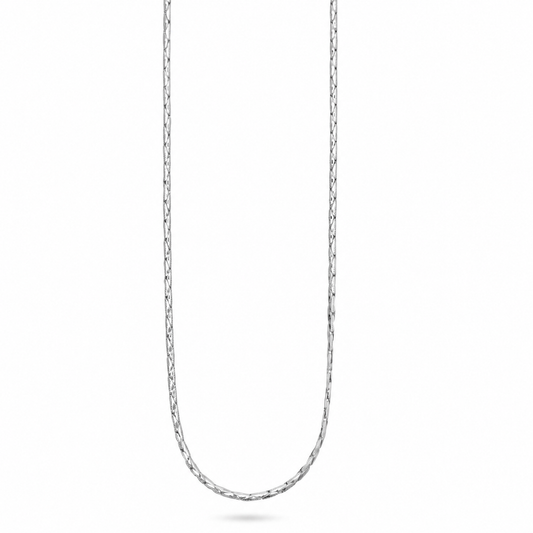 A silver-toned chain necklace with a textured, twisted link design, shown hanging in a U-shape against a solid white background.