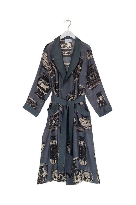 dark charcoal and blue robe with pots print