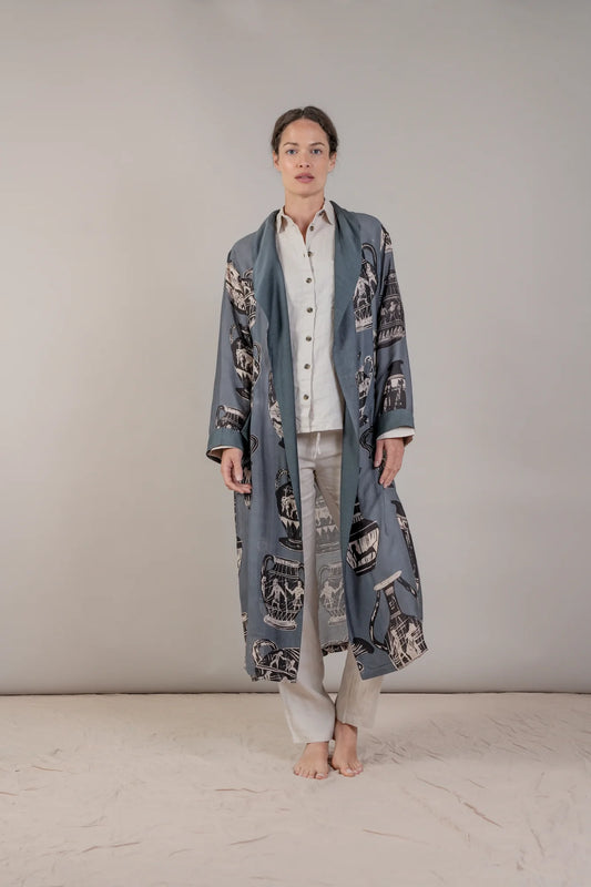 dark charcoal and blue robe with pots print model shot