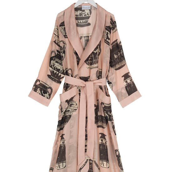 pink and dark grey robe with pots print 