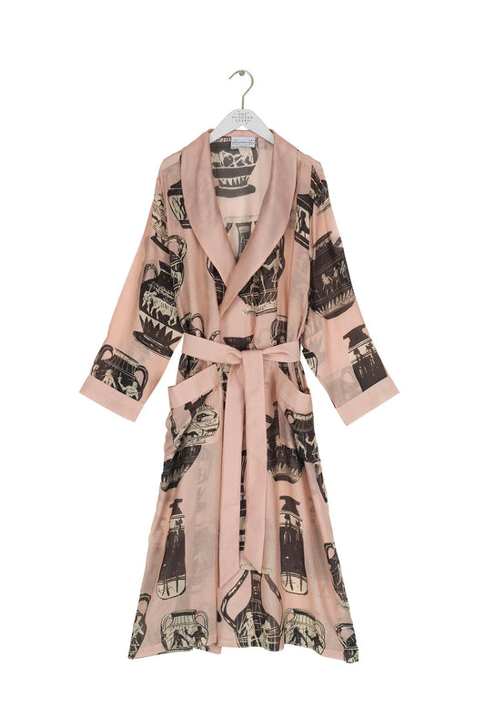 pink and dark grey robe with pots print 