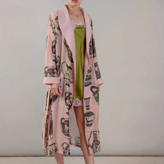 pink and dark grey robe with pots print 