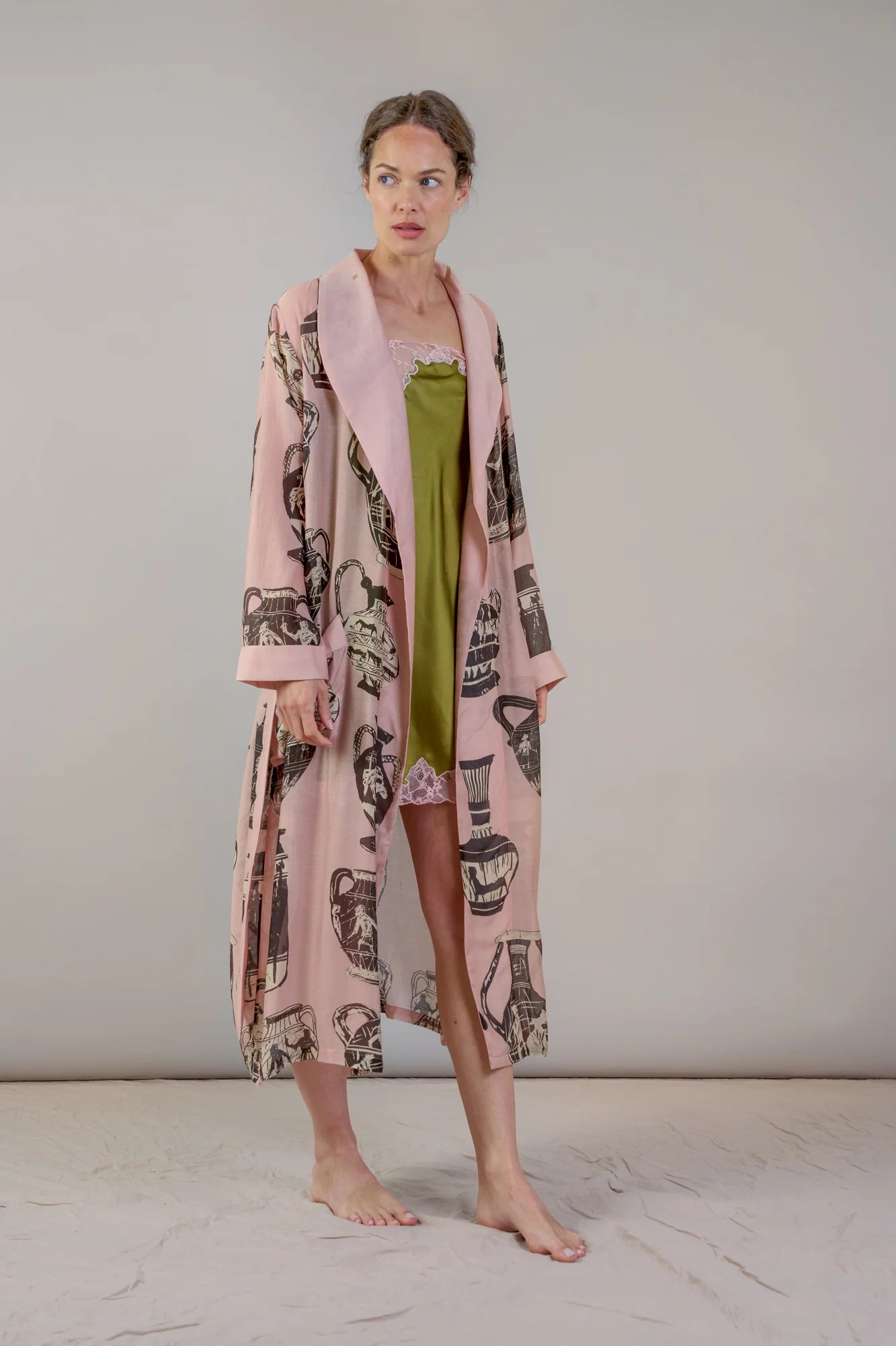 pink and dark grey robe with pots print 