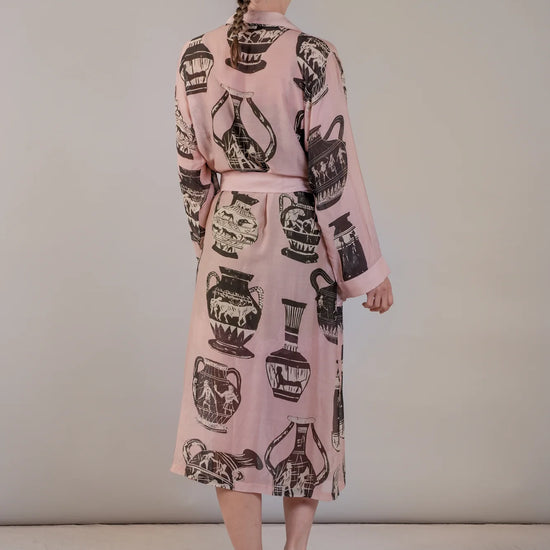 pink and dark grey robe with pots print  rear view 