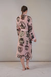 pink and dark grey robe with pots print  rear view 